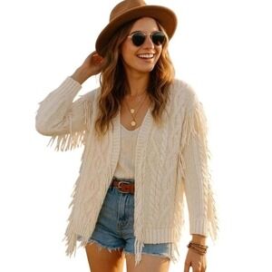 Line & Dot Fringe Knit Sweater Womens XS Cardigan Cream Ivory Western Boho